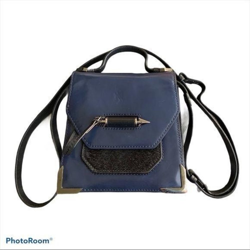 Mackage Crossbody Rubie Cowhide Leather Pewter Arrows Blue Black Good Sm…